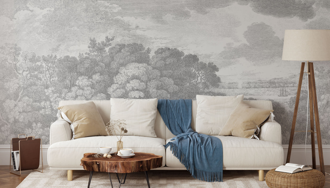vintage etched wallpaper mural in a living room