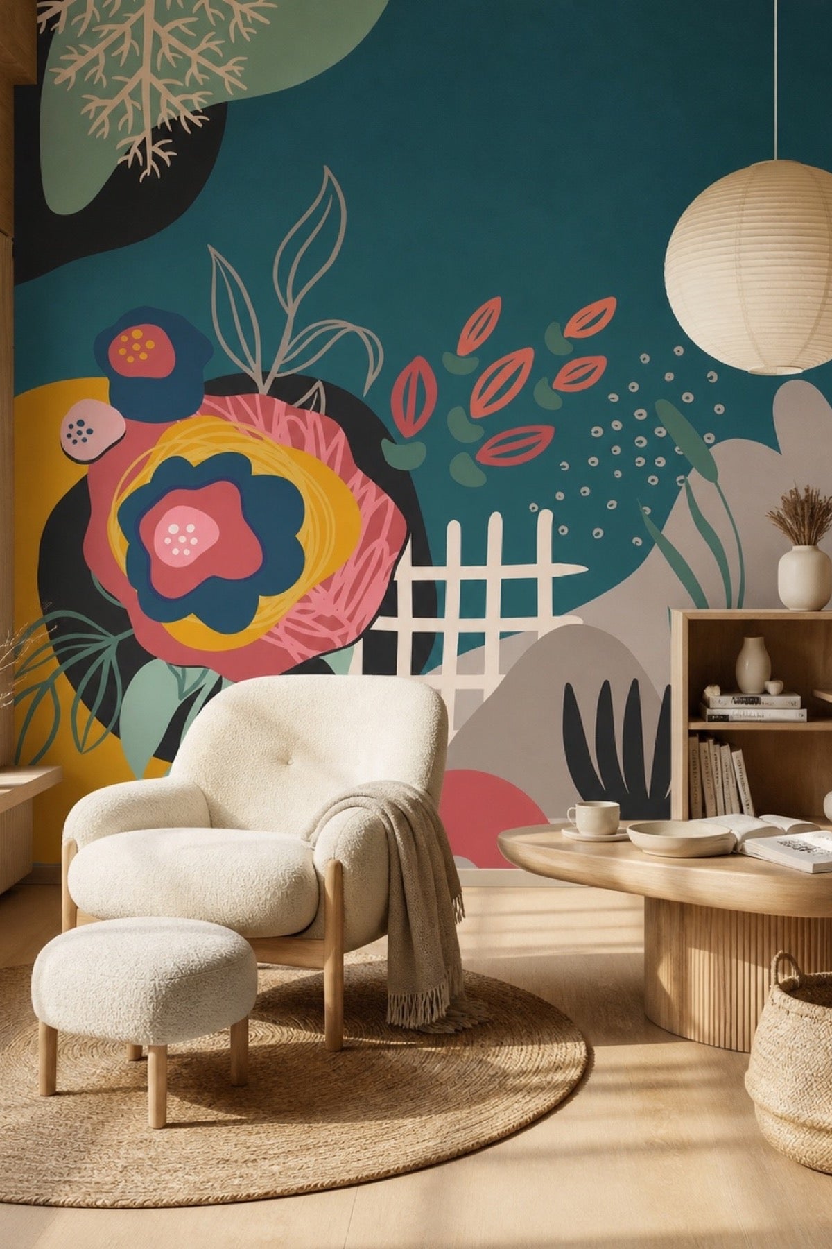 Abstract Floral Card 5 mural in a bohemian living room reading nook