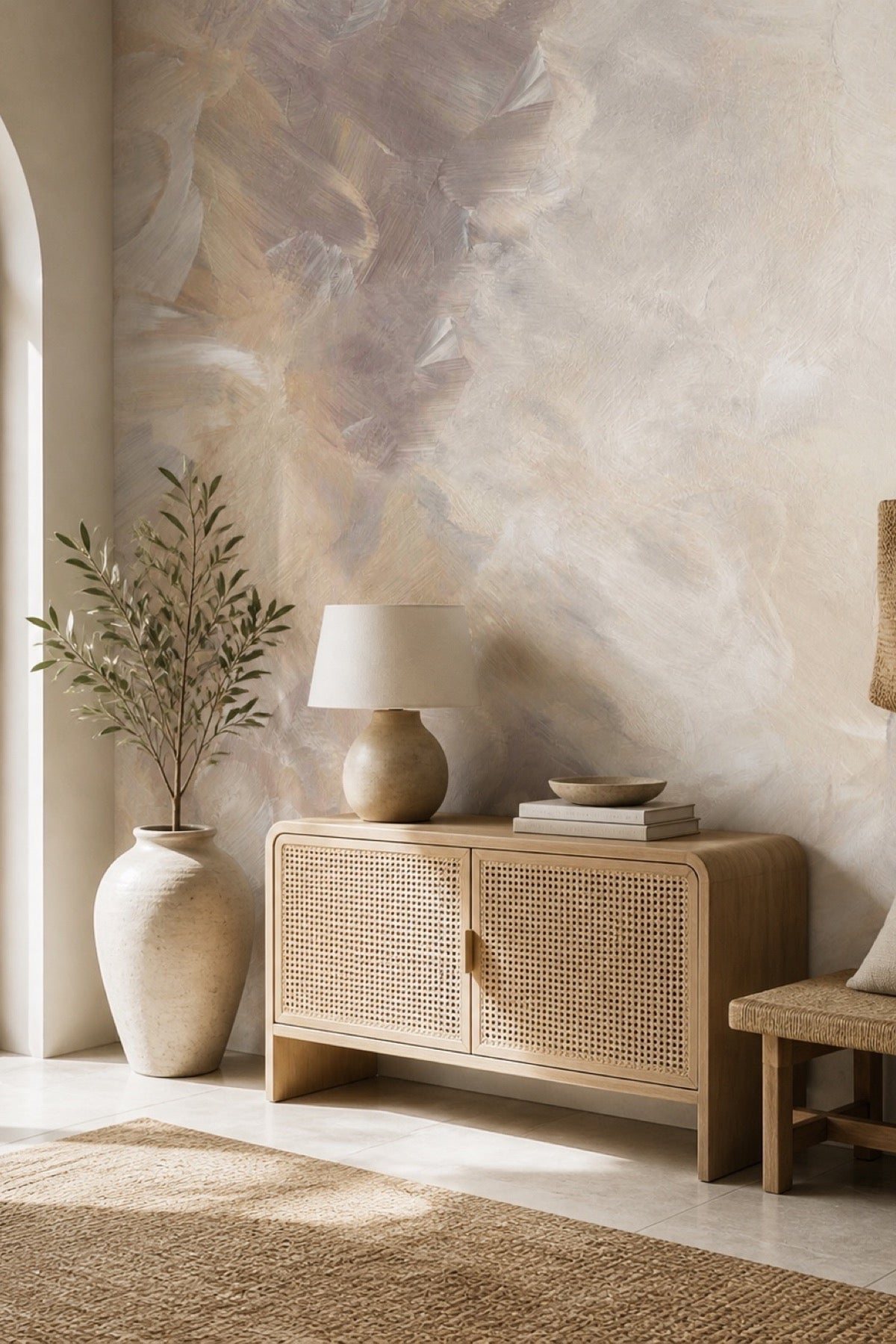 Abstract Gobi wall mural installed in a Mediterranean-style living room with terracotta arch and olive tree