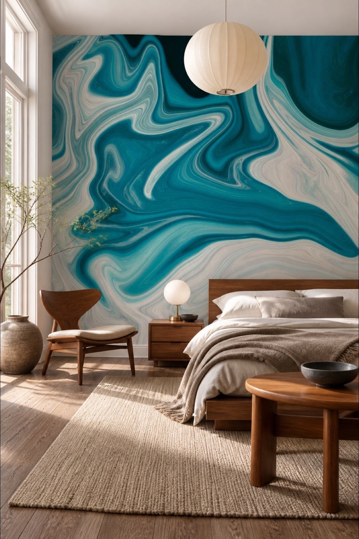 Teal marble abstract wall mural installed behind a bed in a modern bedroom