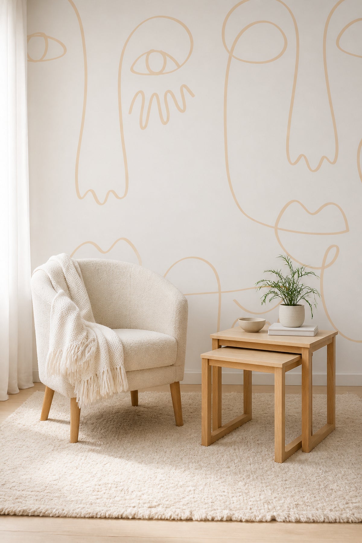 White Gold Minimal Abstract Faces mural in a living room