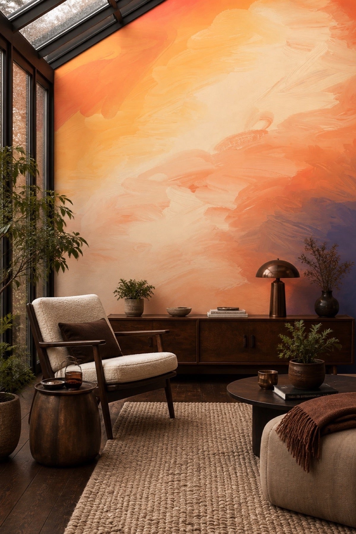 Abstract Sunset wall mural installed in a sunroom with mid-century furniture