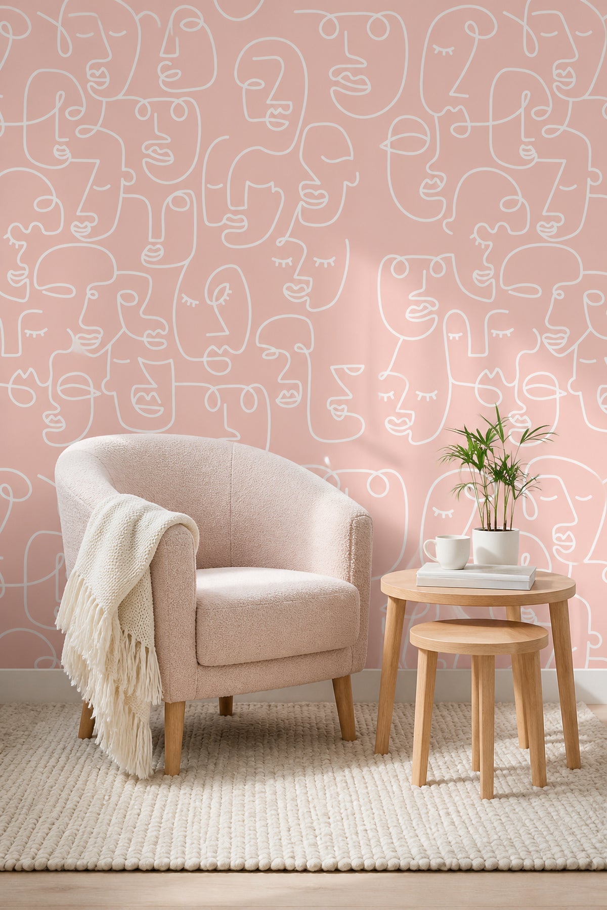Pink Abstract Line Faces Wall Mural in a living room reading nook