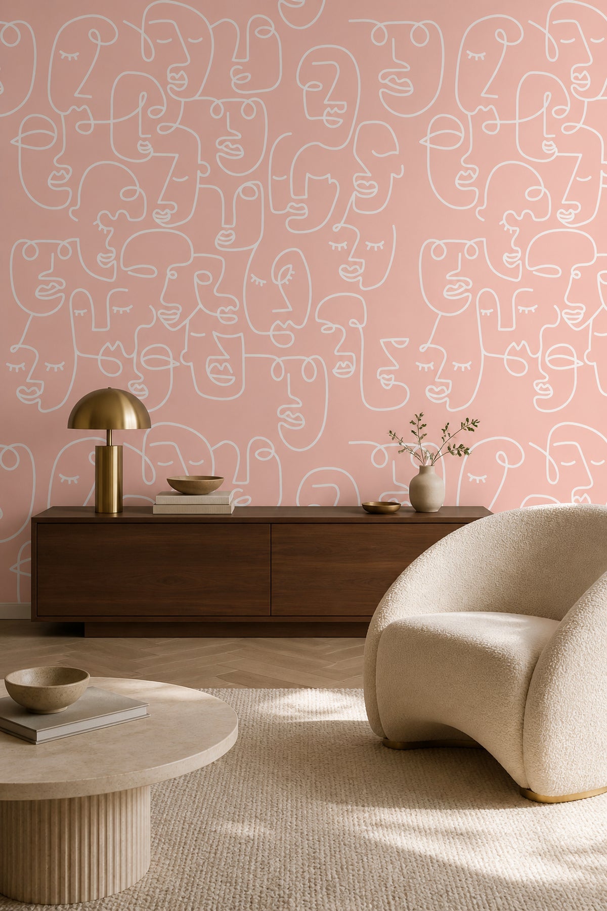 Pink Abstract Line Faces Wall Mural in a living room