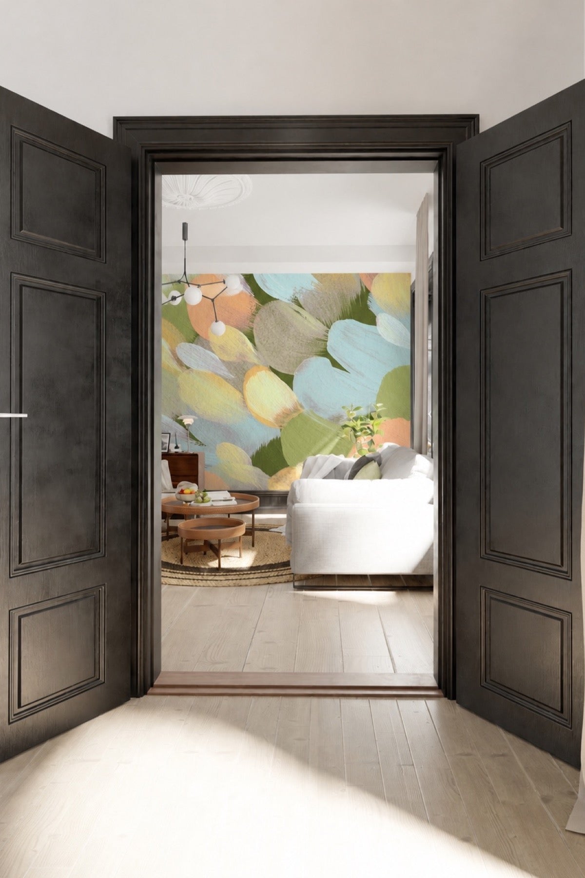 Abstract Petal Dance wall mural viewed through a doorway - Eazywallz