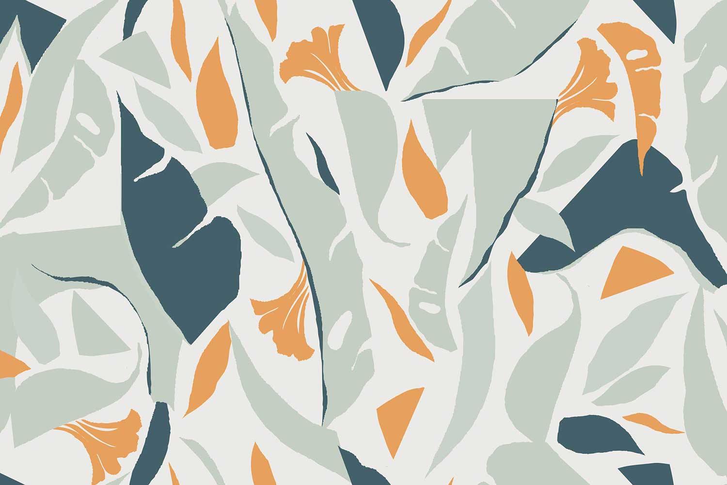 Abstract Jungle Mix wall mural flat pattern detail in sage green, navy, and orange