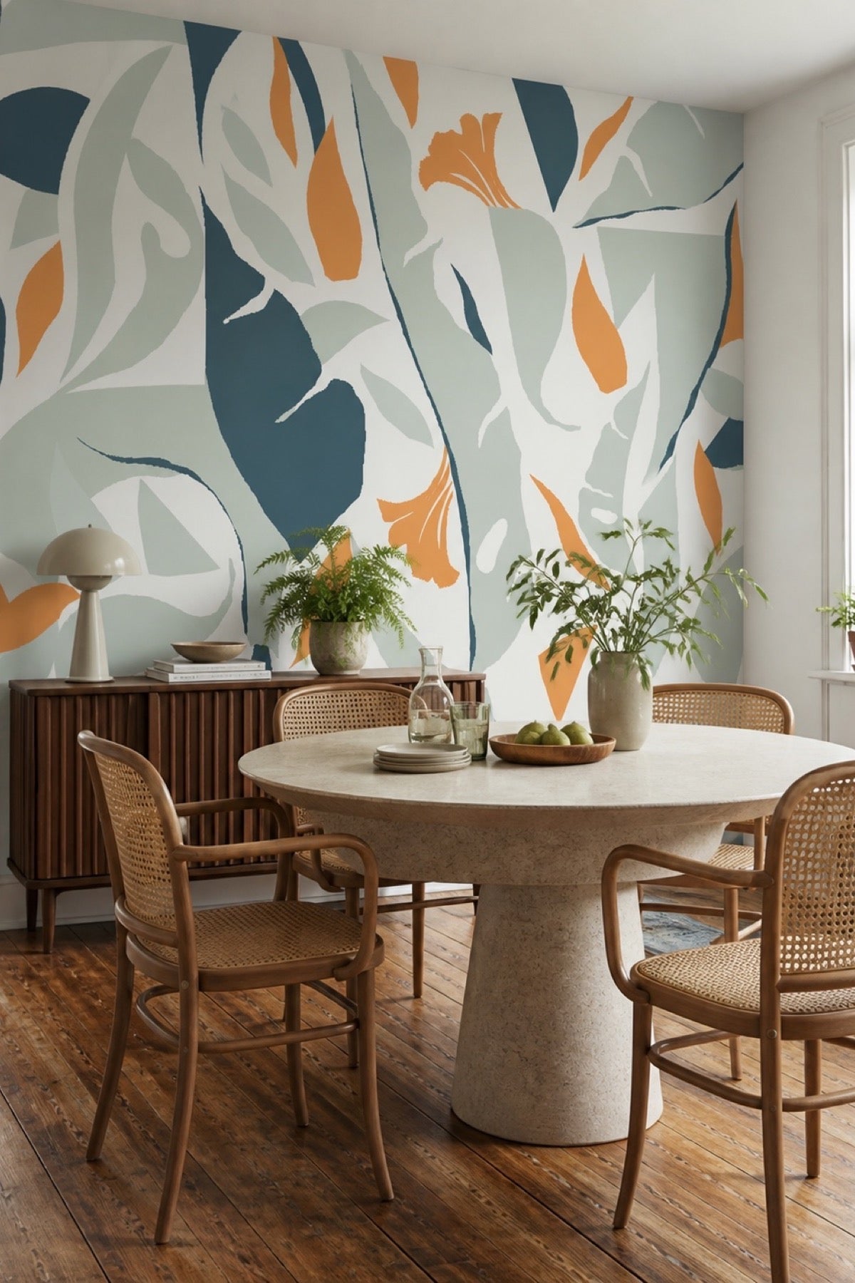 Abstract Jungle Mix wall mural in a dining room with rattan chairs and a round stone table