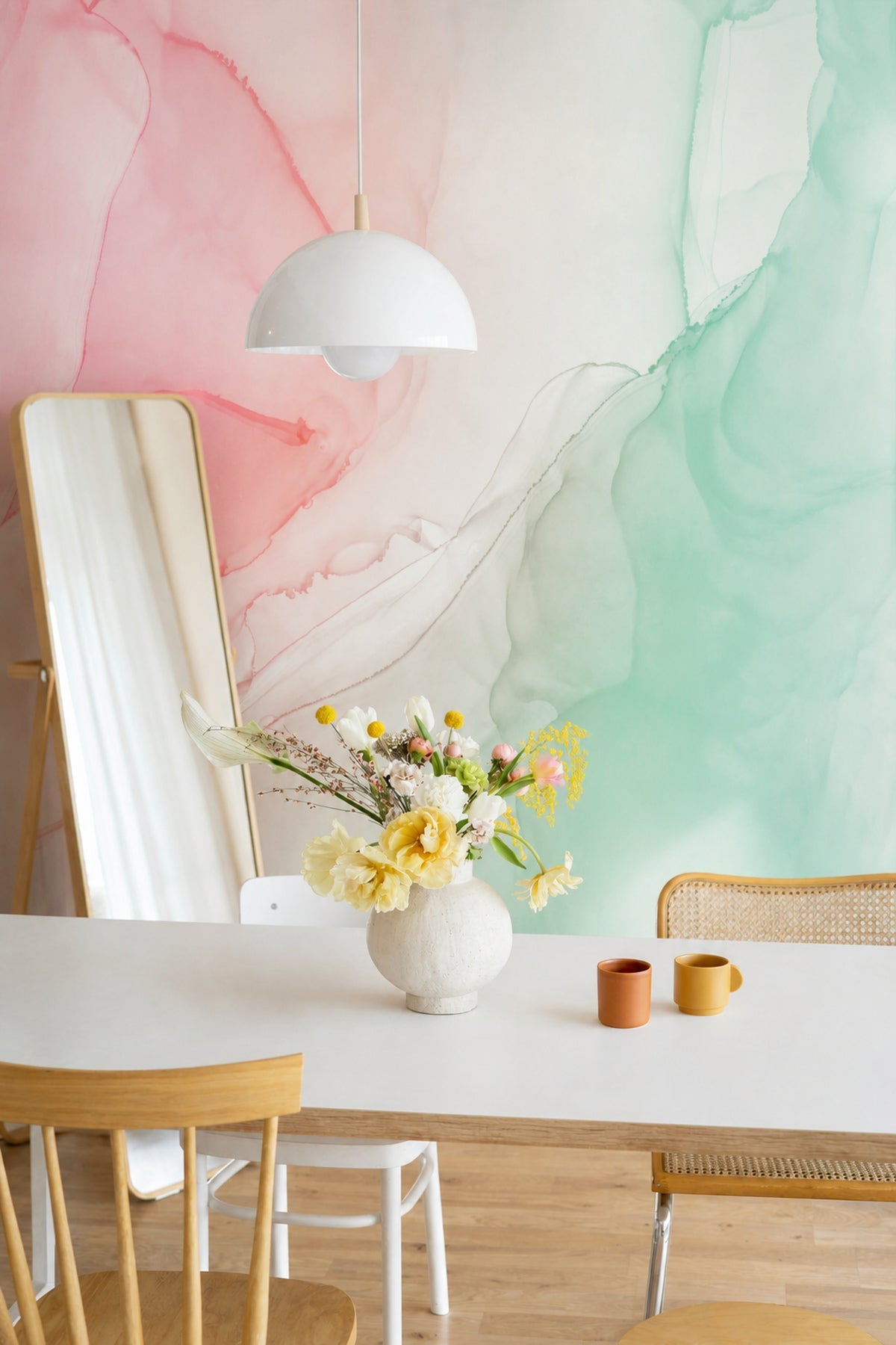 Frozen Pink Ink Utopia wall mural in a dining room