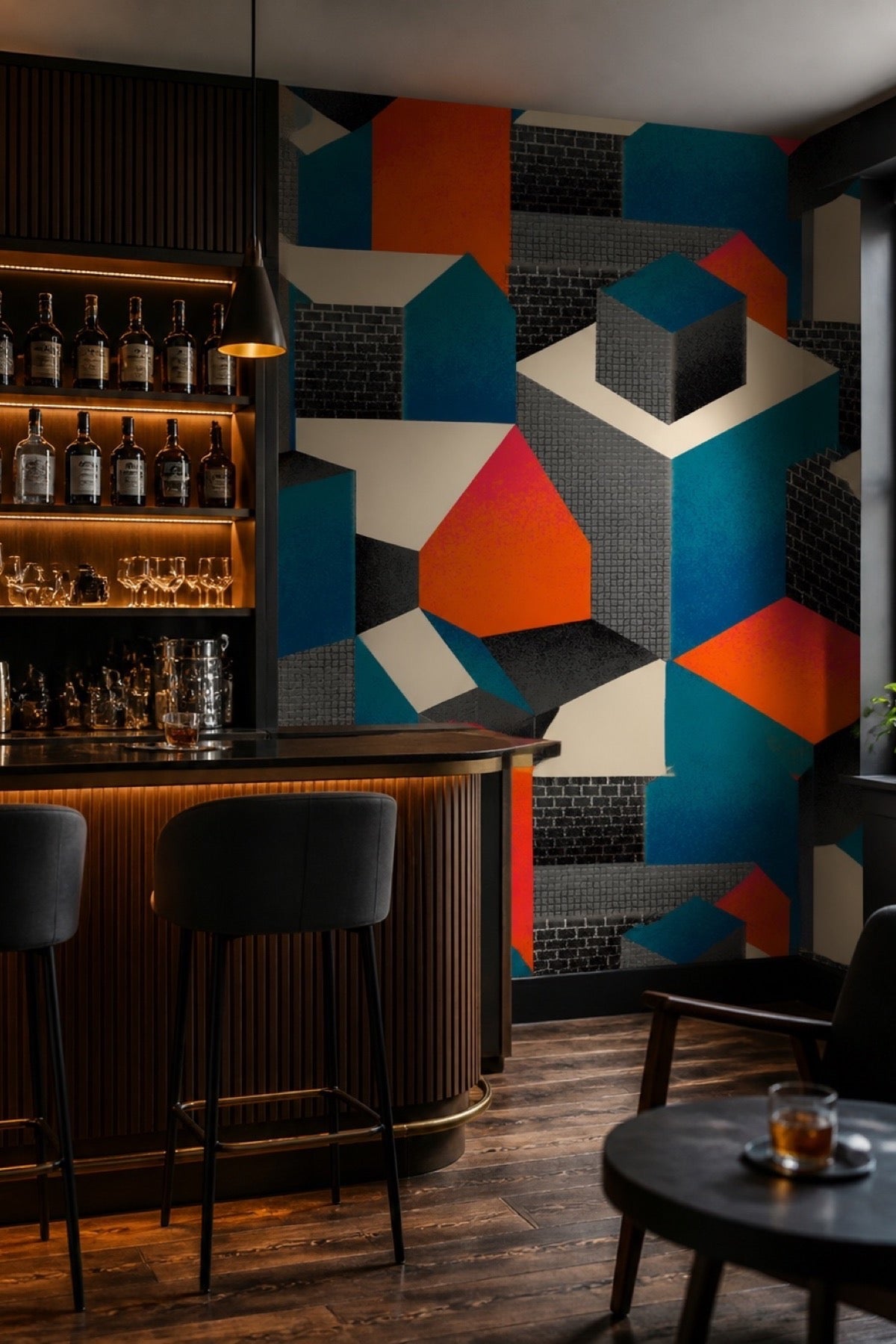 Abstract Bauhaus Houses wall mural behind a home bar with barstools