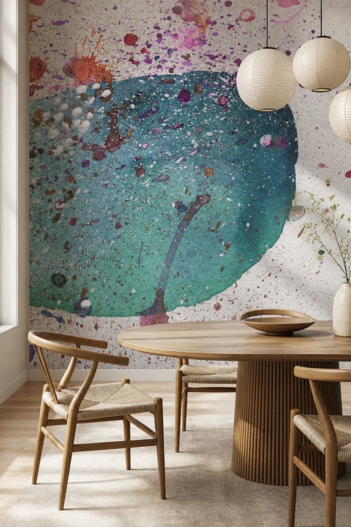 Abstract Paint Splat 3 wall mural in a dining room with a round wood table and pendant lights