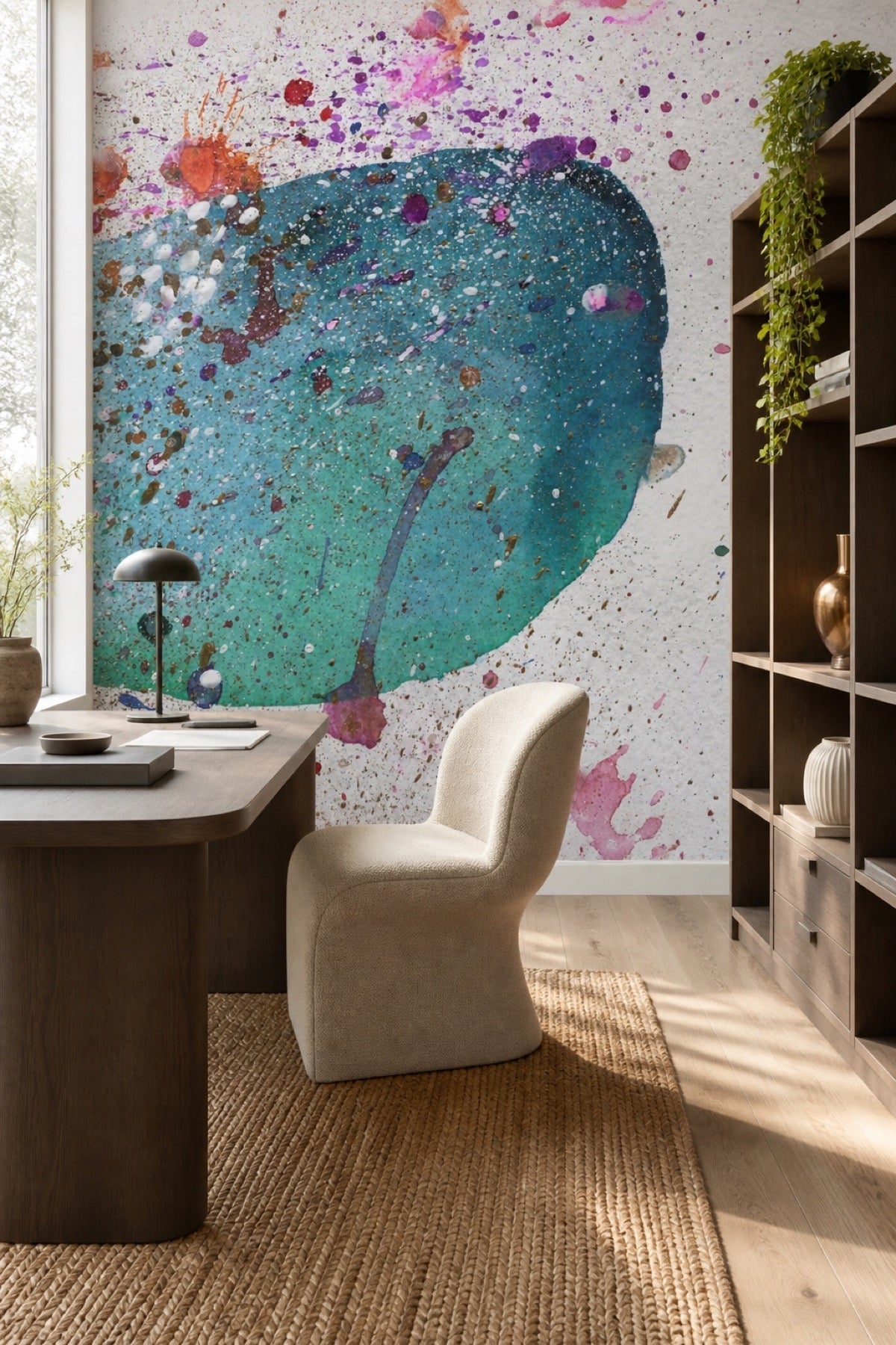 Abstract Paint Splat 3 wall mural in a home office behind a desk and bookshelf