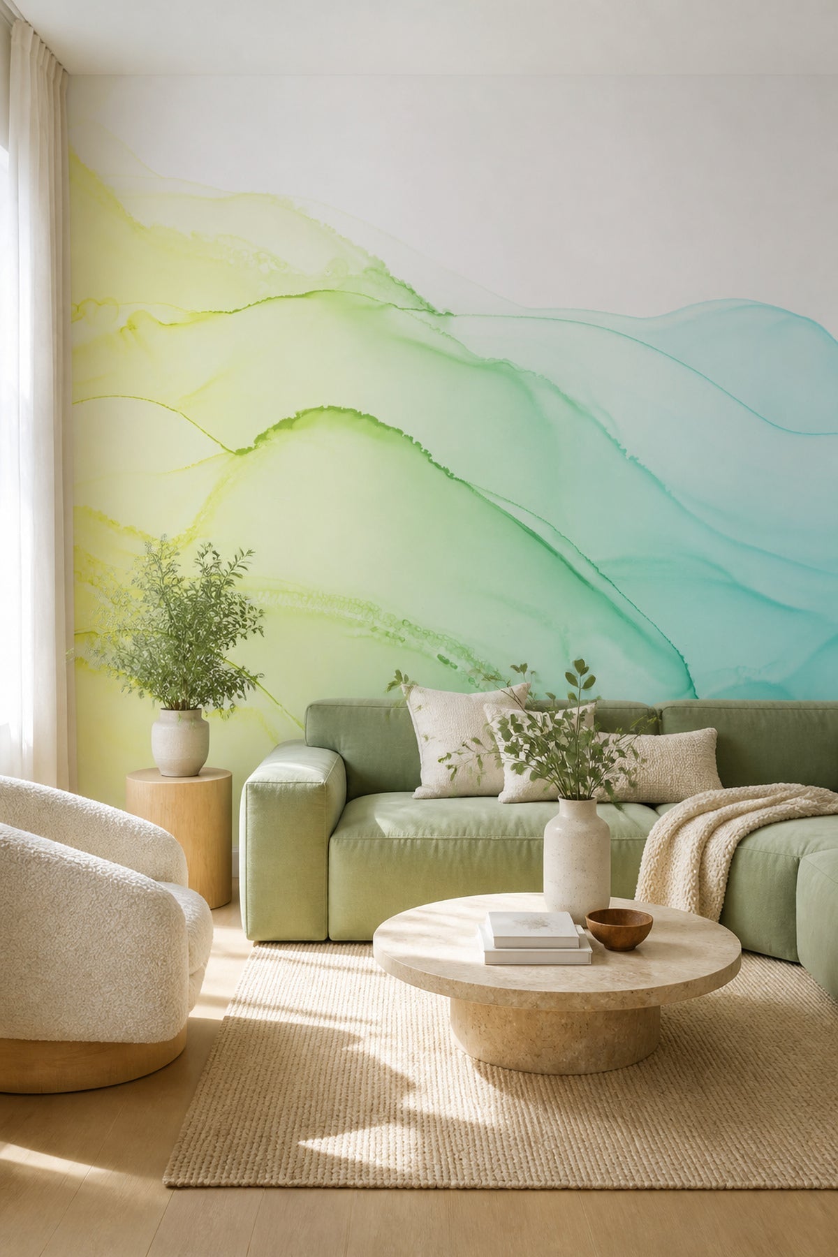 Paradise Green Ink Utopia mural in a living room by a window