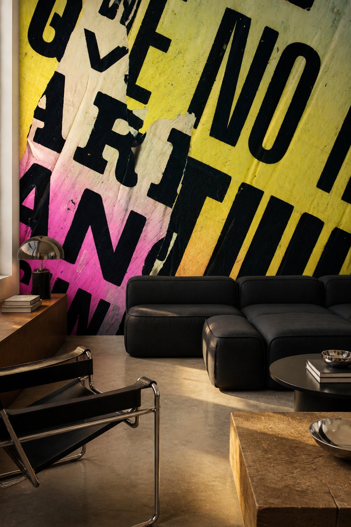 Urban Collage torn-poster wall mural in a living room, close-up angle