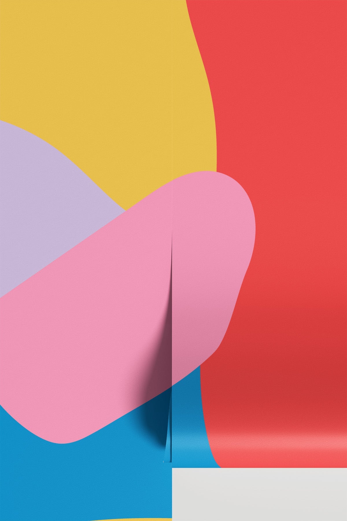 Abstract Memphis West Coast wall mural, flat colorway view of bold curved shapes in yellow, red, pink, and blue