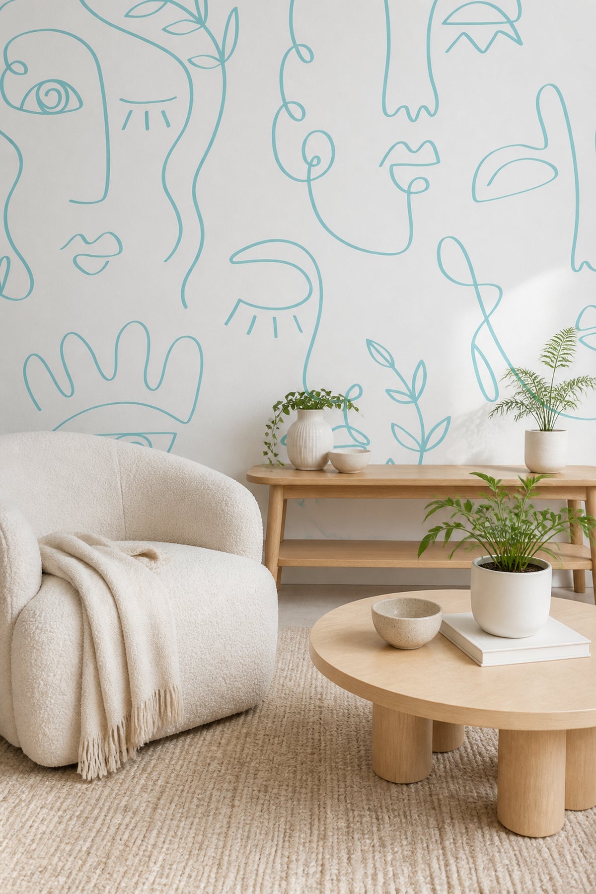 Pale Blue Minimal Abstract Faces Wall Mural in a living room