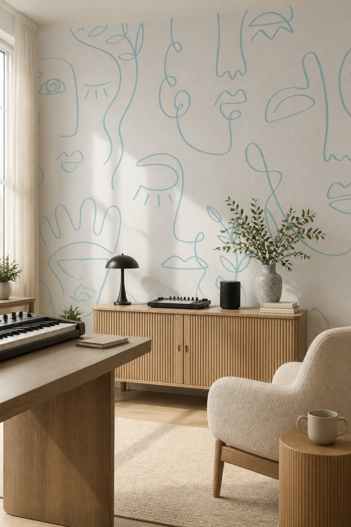 Pale Blue Minimal Abstract Faces Wall Mural in a home office