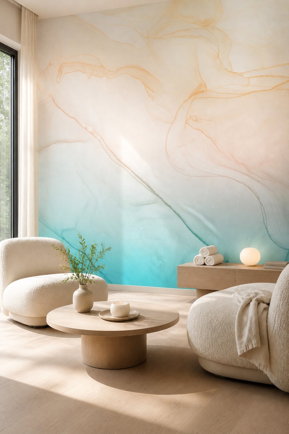 Tropical Ocean Ink Utopia wall mural in a living room setting