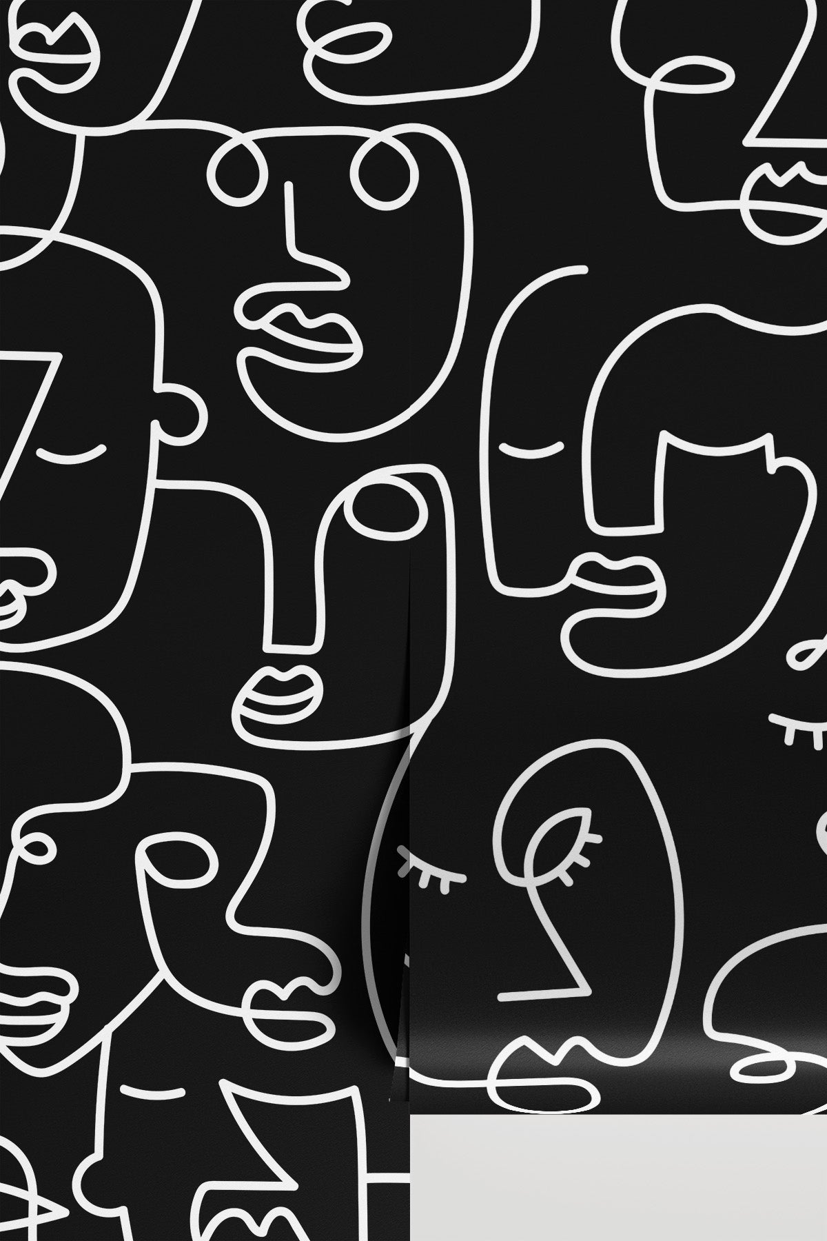 Black Abstract Line Faces wall mural - full pattern detail