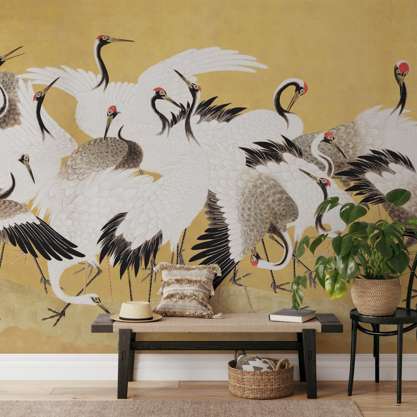 Flock of Elegant Japanese Cranes Panoramic Wall Mural