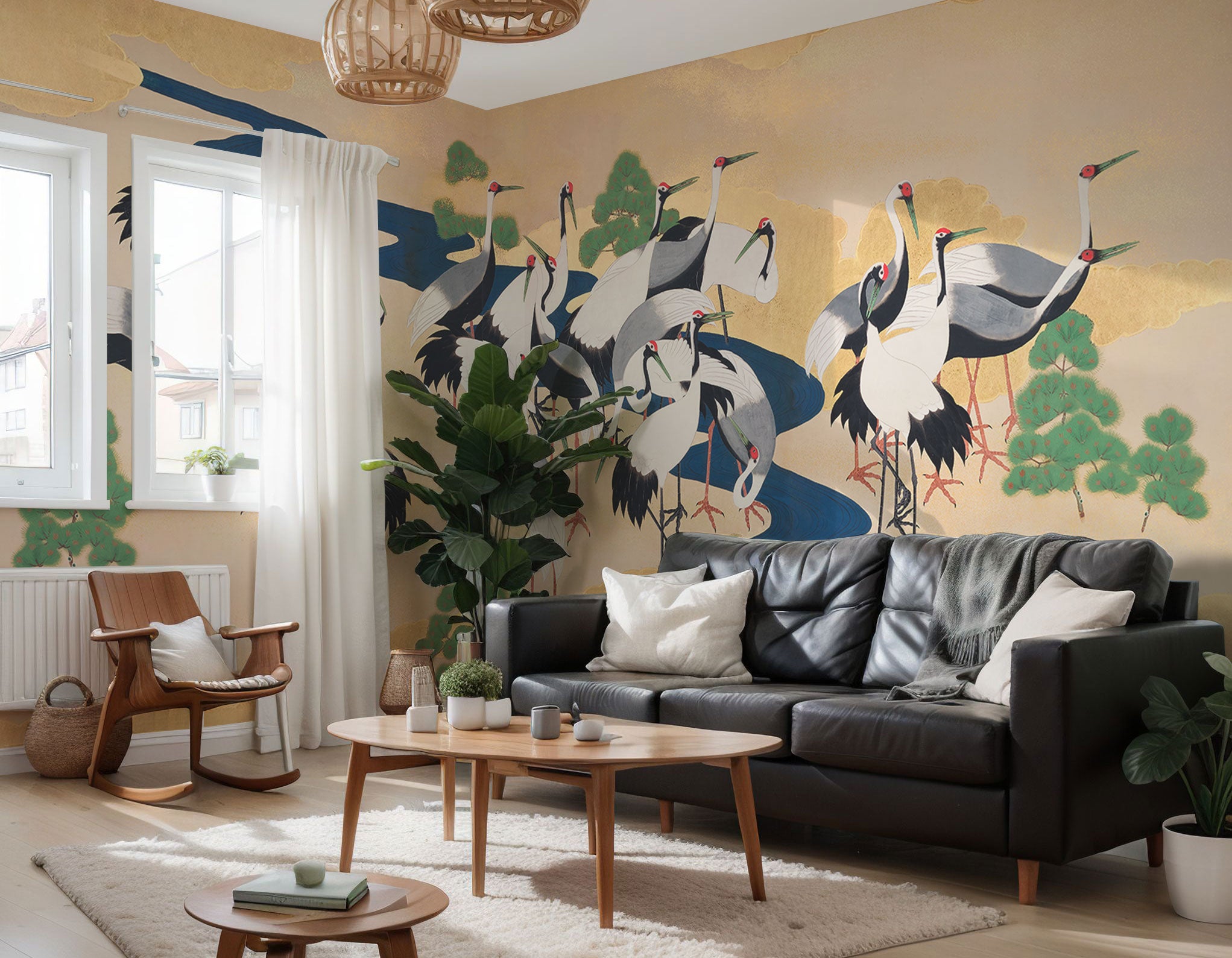 Graceful Flight of Japanese Cranes Panoramic Wall Mural
