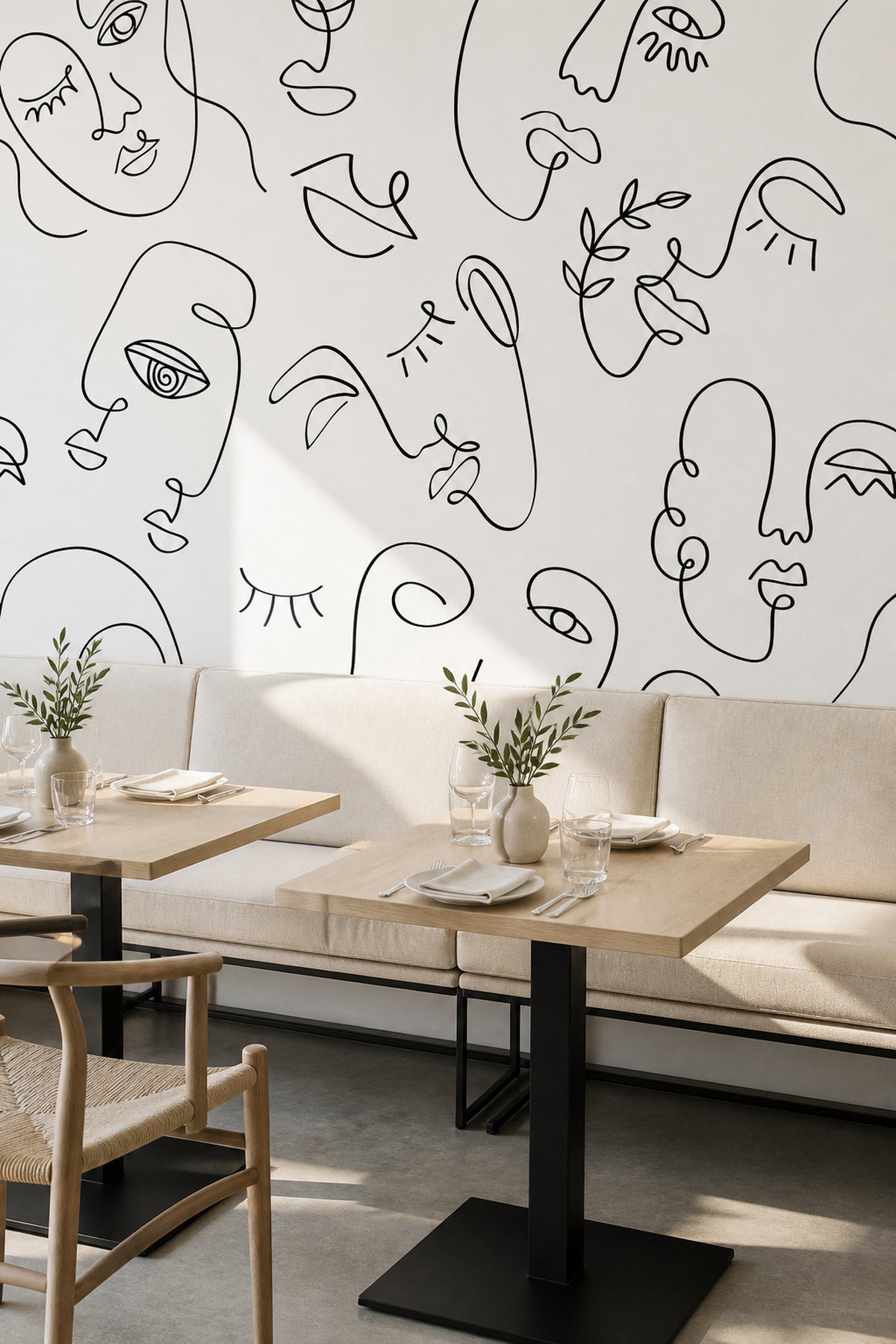 White Minimal Abstract Faces 2 wall mural in a dining room