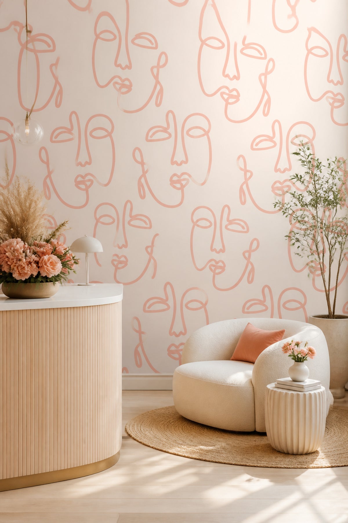 Pale Pink Empty Abstract Faces wall mural in a living room reception setting