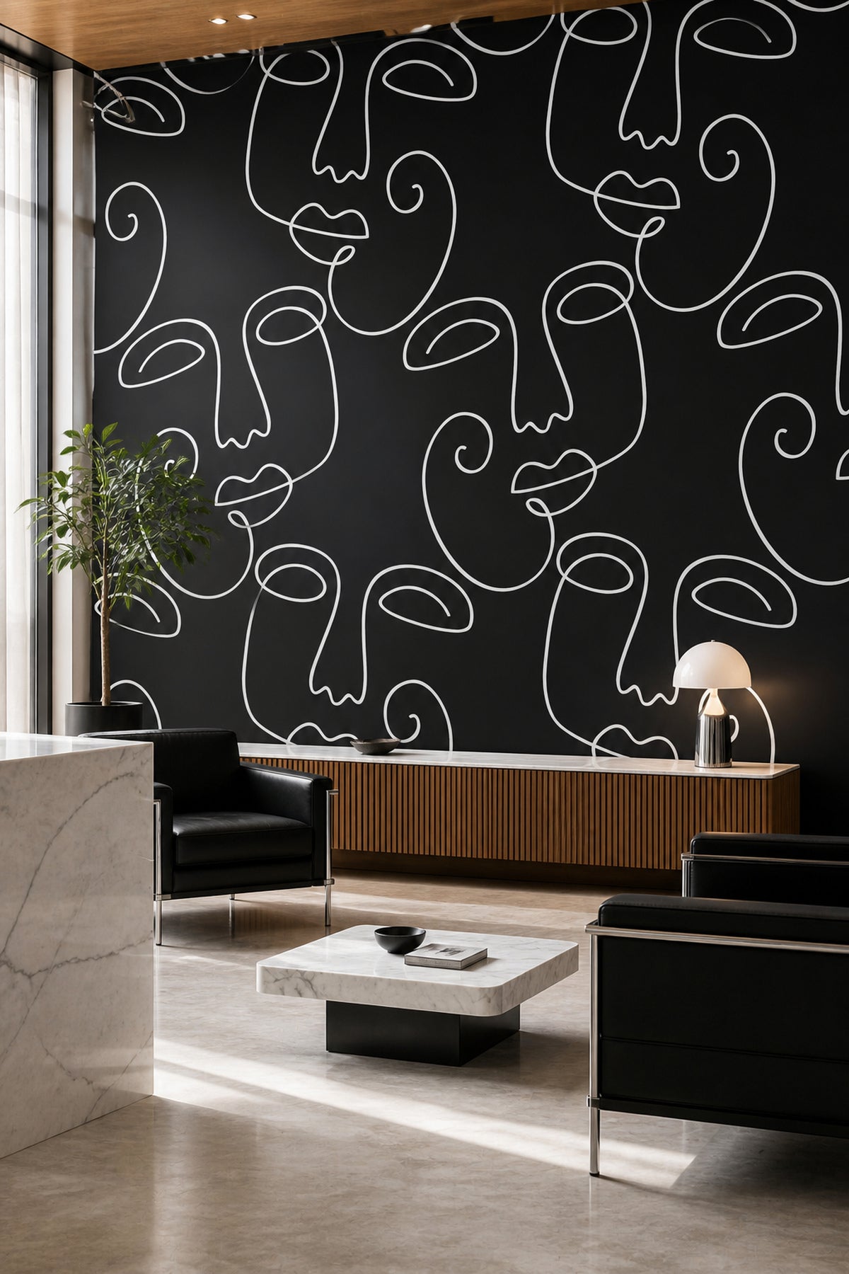 Black Abstract Faces 2 wall mural in a living room with wood accents