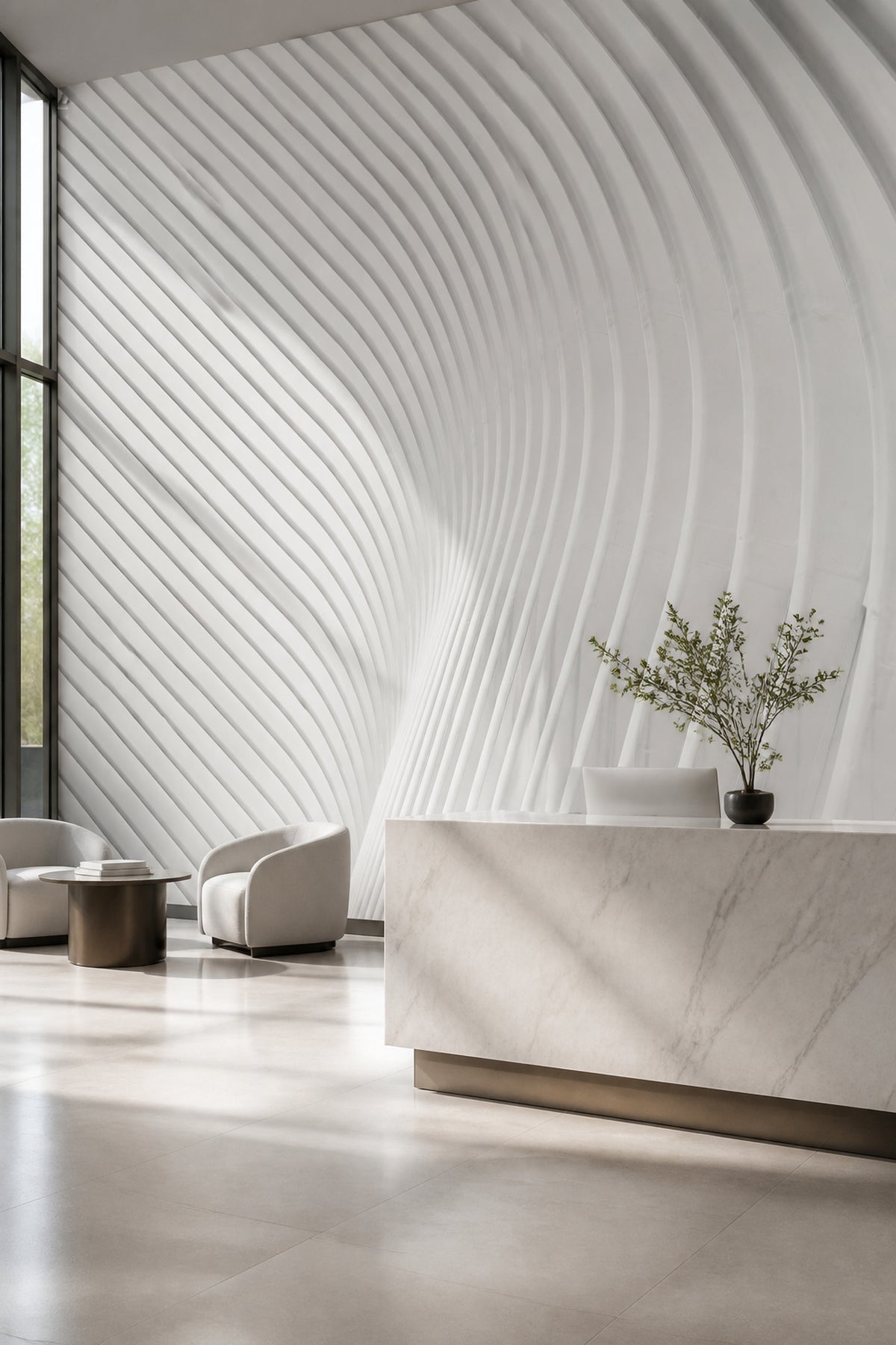 White Curved Architectural wall mural in a lounge area