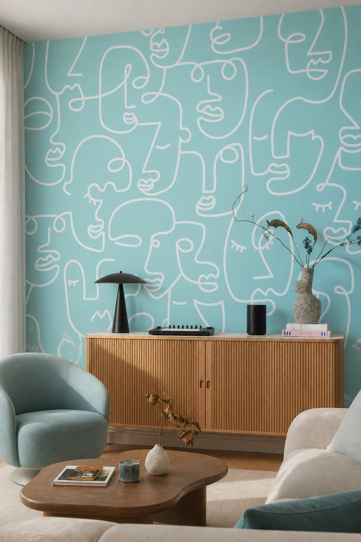Blue Abstract Line Faces wall mural in a modern living room