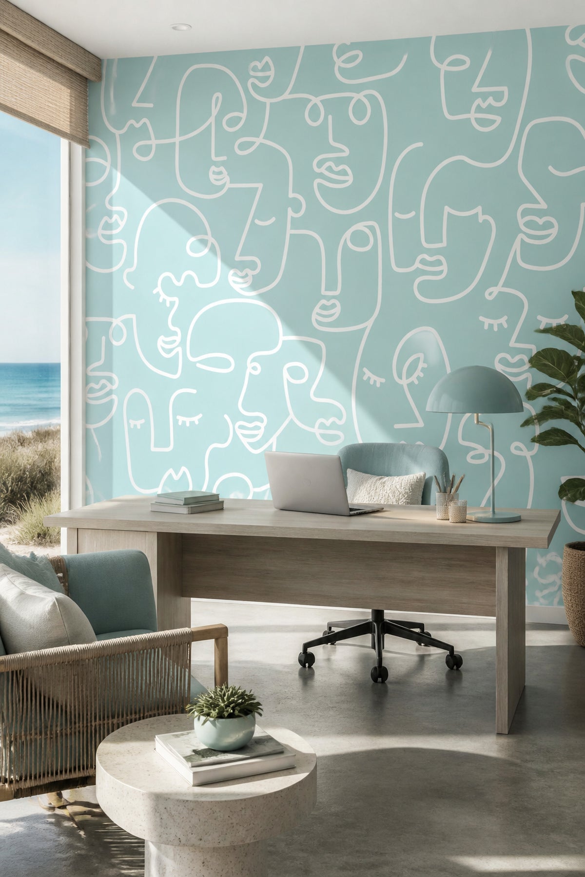 Blue Abstract Line Faces wall mural in a home office