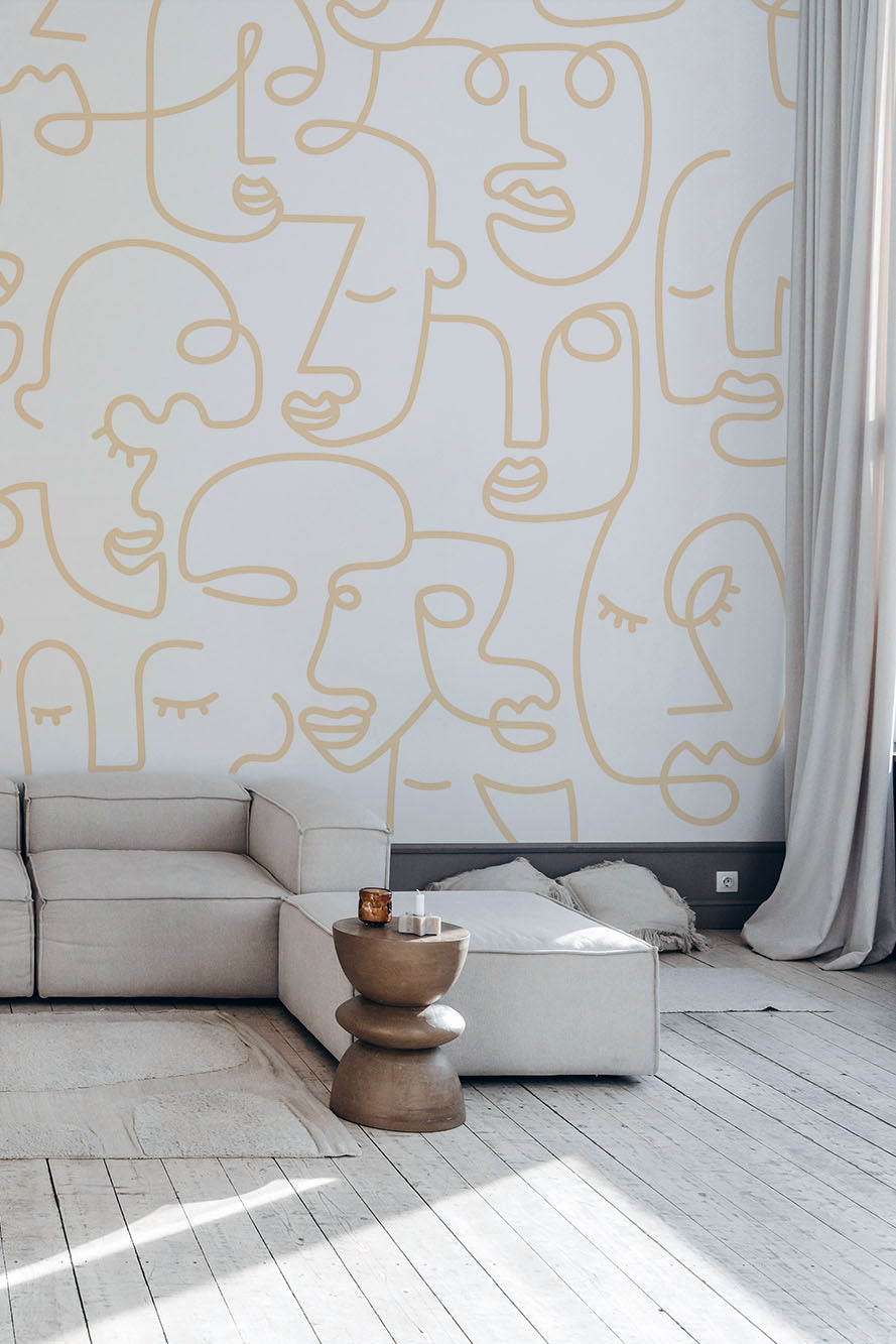 White Gold Abstract Line Faces Wall Mural