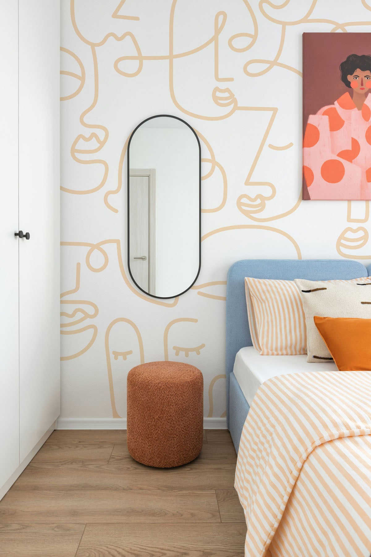 White Gold Abstract Line Faces Wall Mural