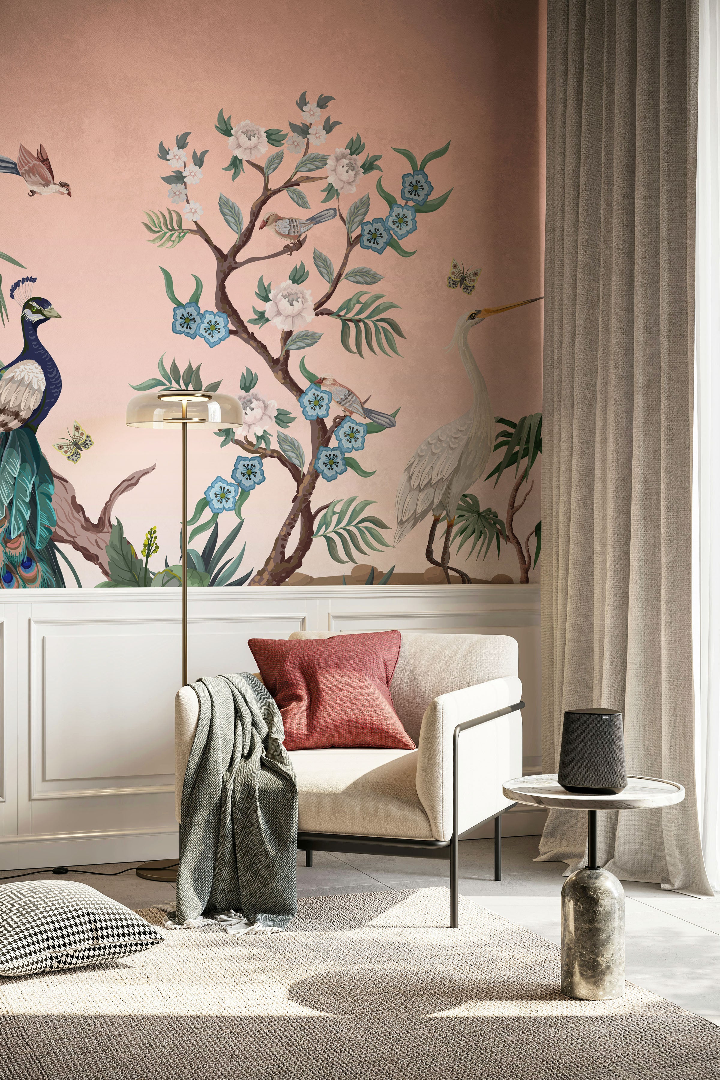 Pink Birds and Flowers Chinoiserie Wall Mural