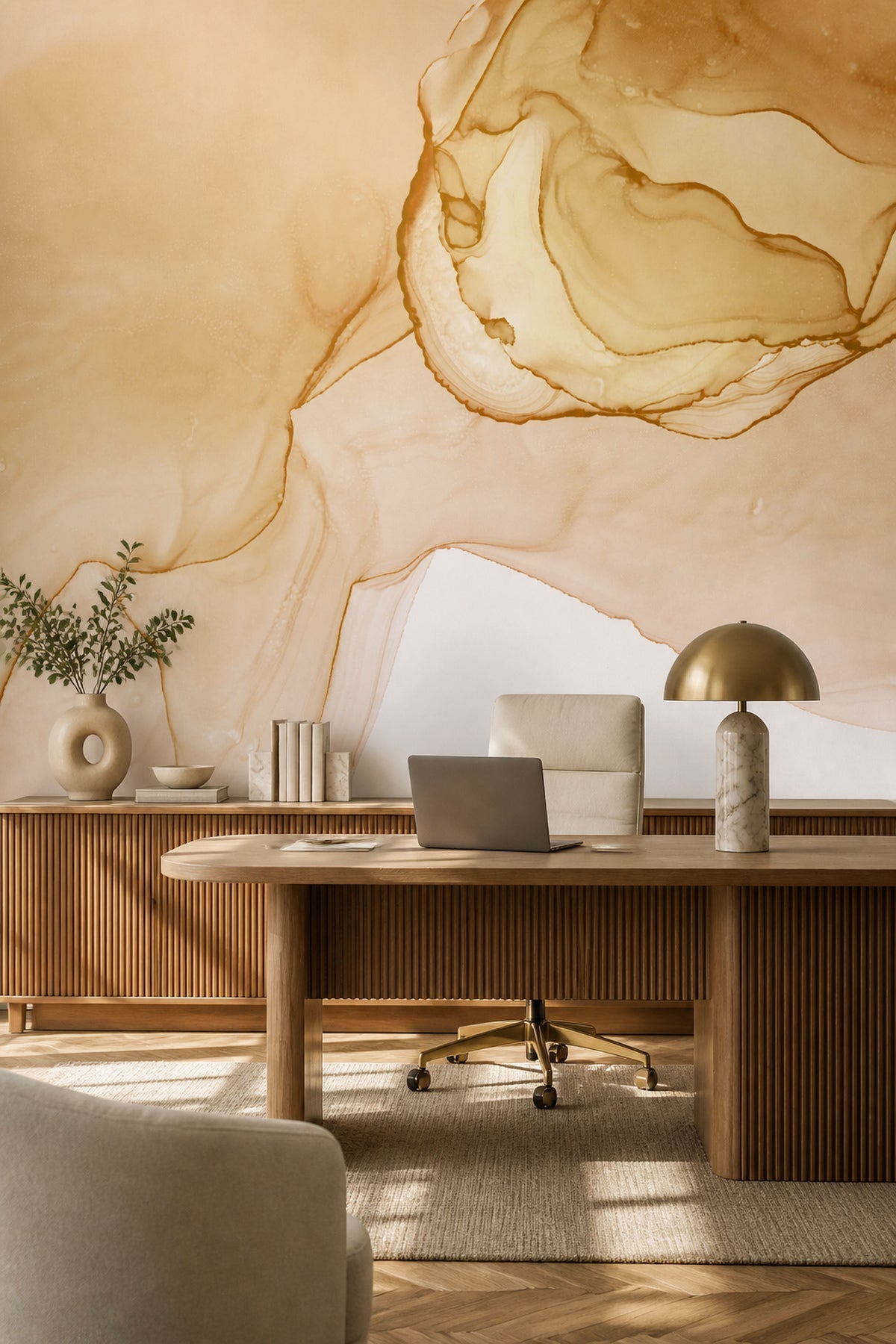 Mountain Gold Ink Utopia wall mural installed in a home office