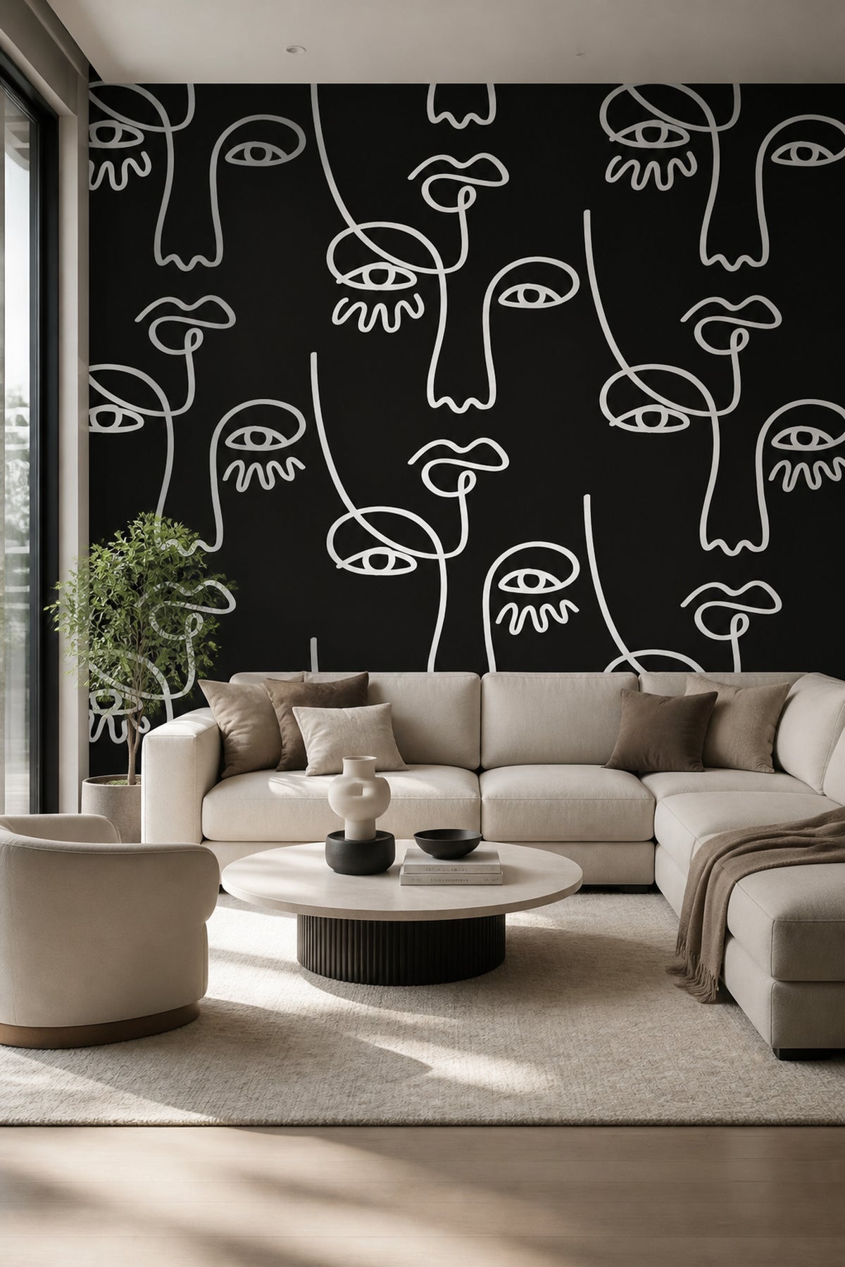 Large Black Abstract Line Faces wall mural in a living room