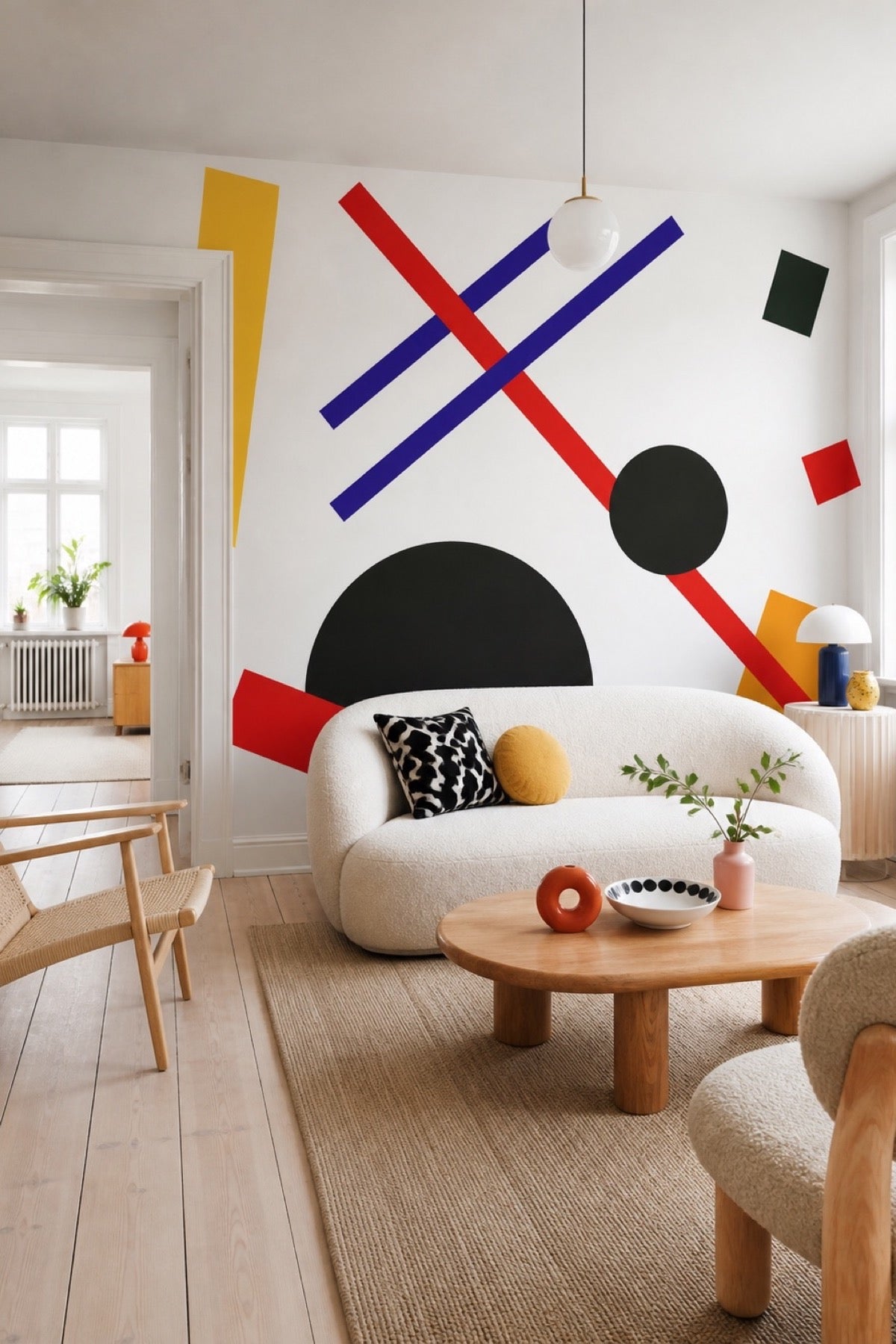 Abstract Bauhaus wall mural in a bright living room