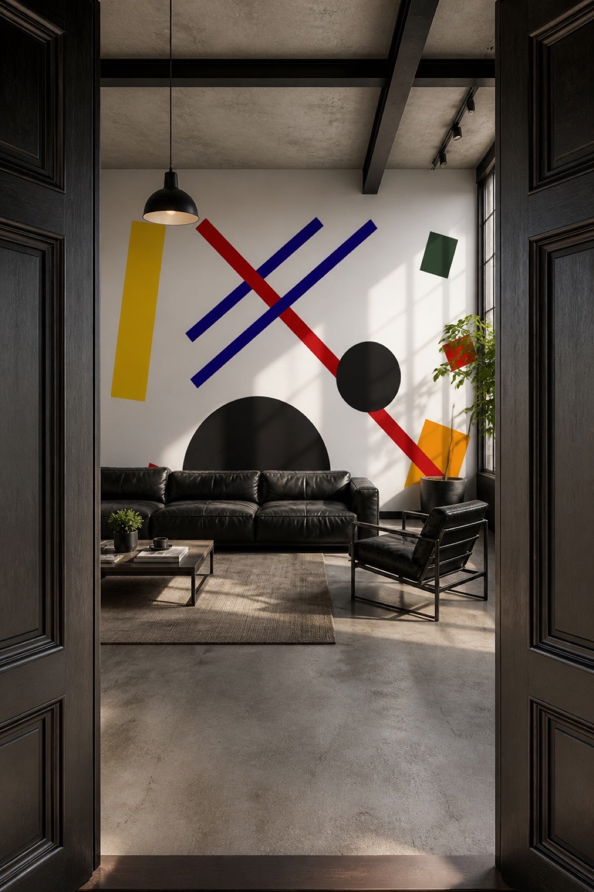 Abstract Bauhaus wall mural in a dark loft living room
