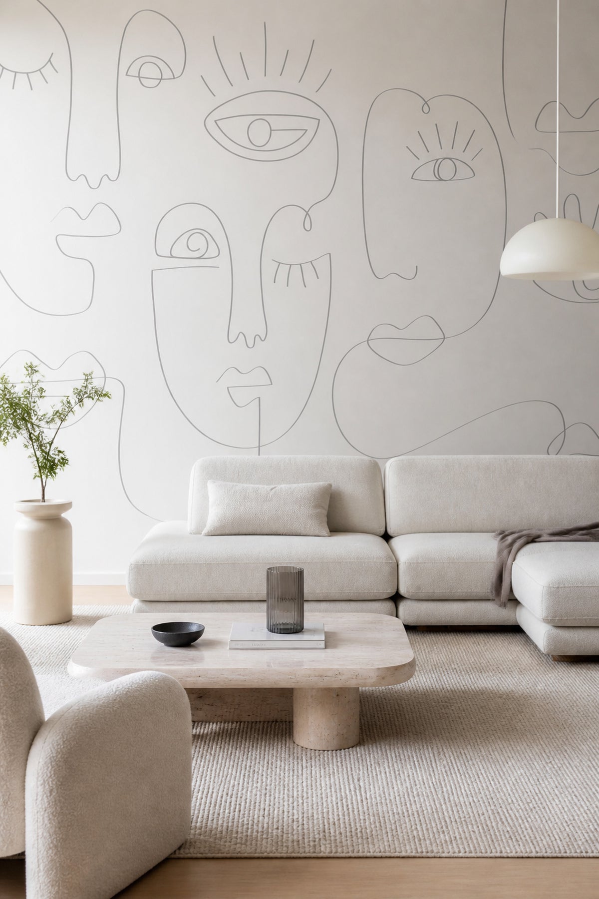 Grey Abstract Line Faces 2 wall mural in a living room