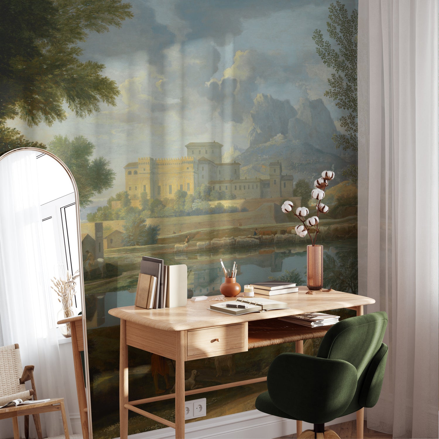 vintage landscape wall mural in a home office