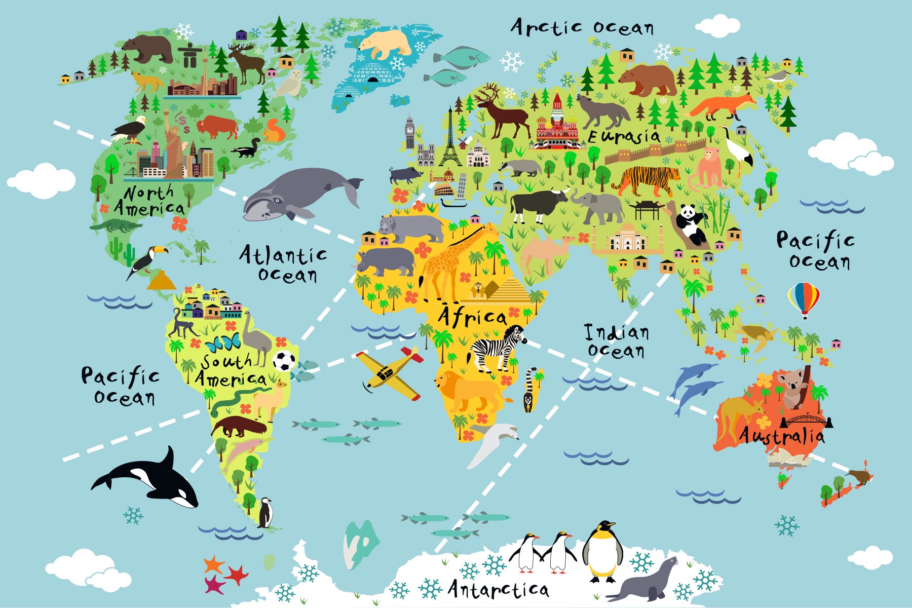 Animal World Map Wall Mural