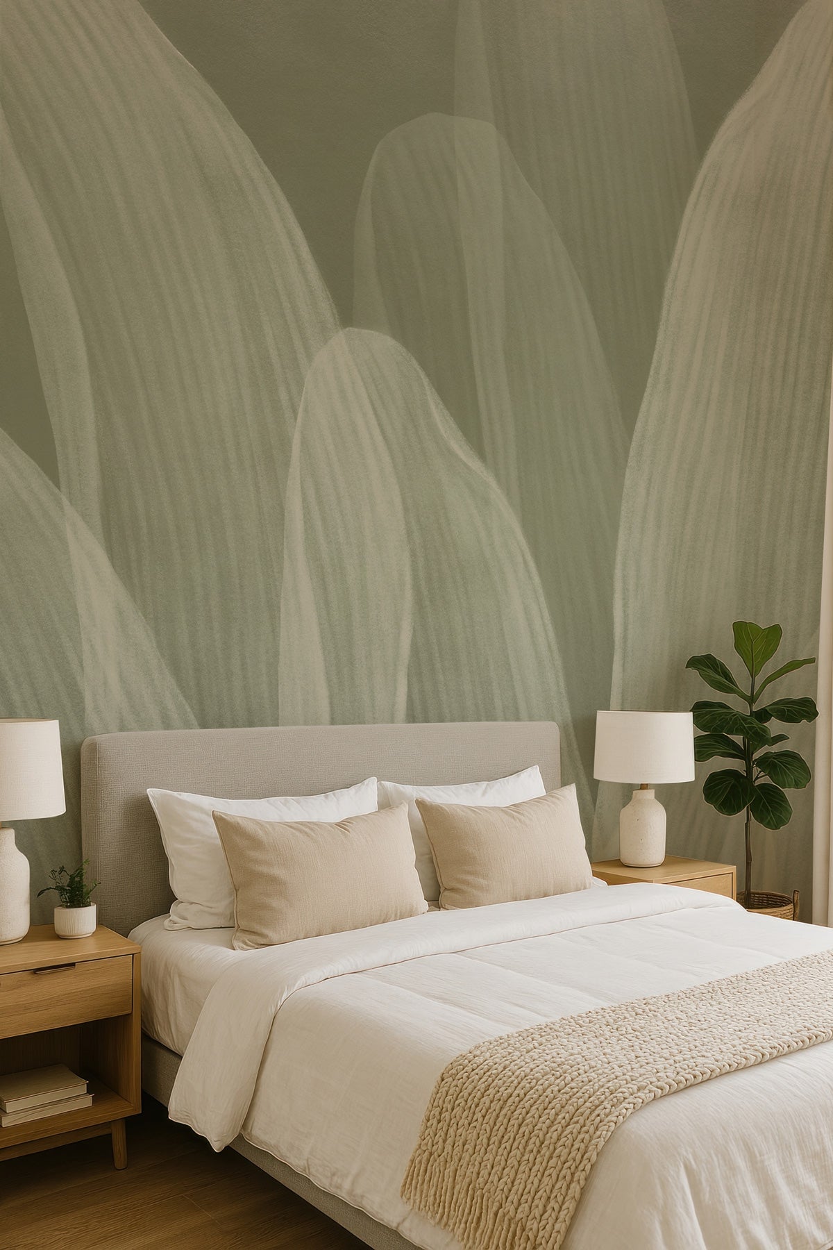 Elowen / Sage wall mural in a bedroom with a bed, nightstands, and lamps.