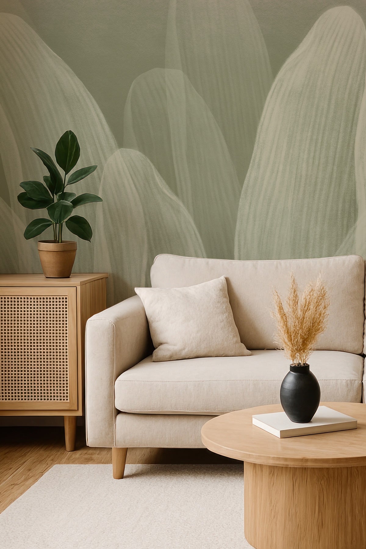 Elowen / Sage wall mural behind a beige sofa with decorative pillows and a plant.