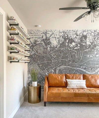 vintage map wallpaper mural in a living room