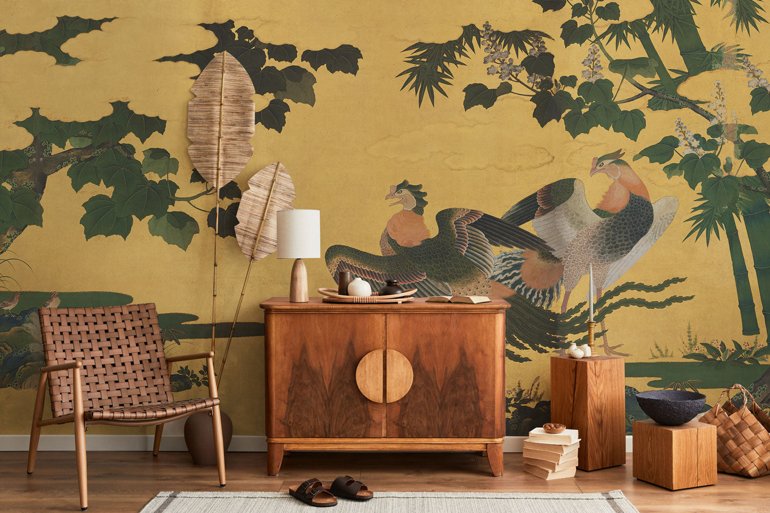 Elegant Japanese Peacocks and Bamboo Wall Mural