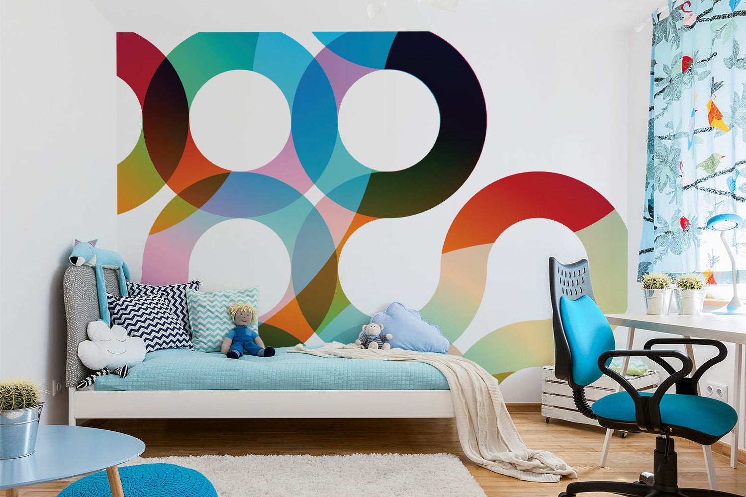 retro rainbow circles in a kids bedroom