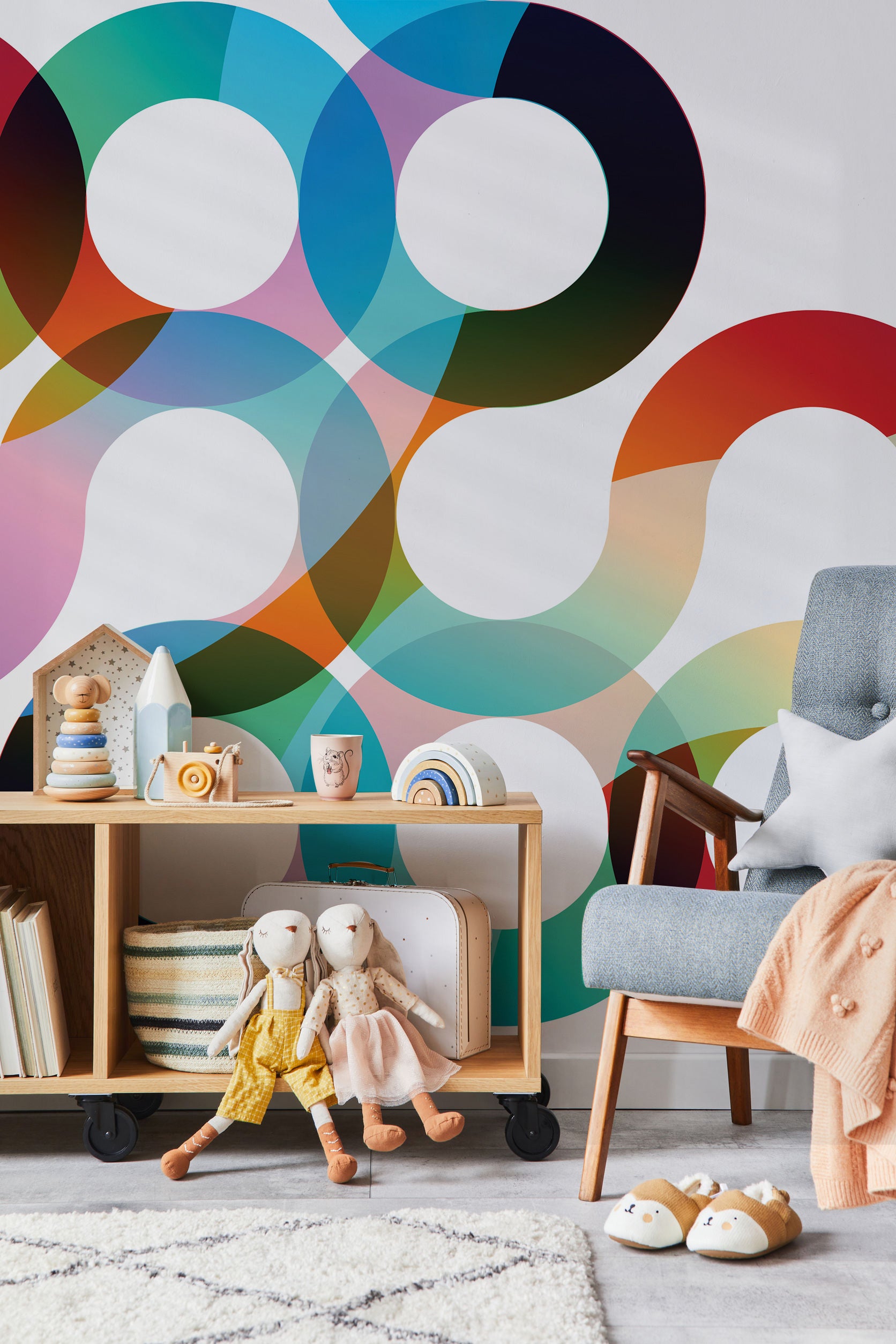 retro geometric rainbow circles in a kids playroom