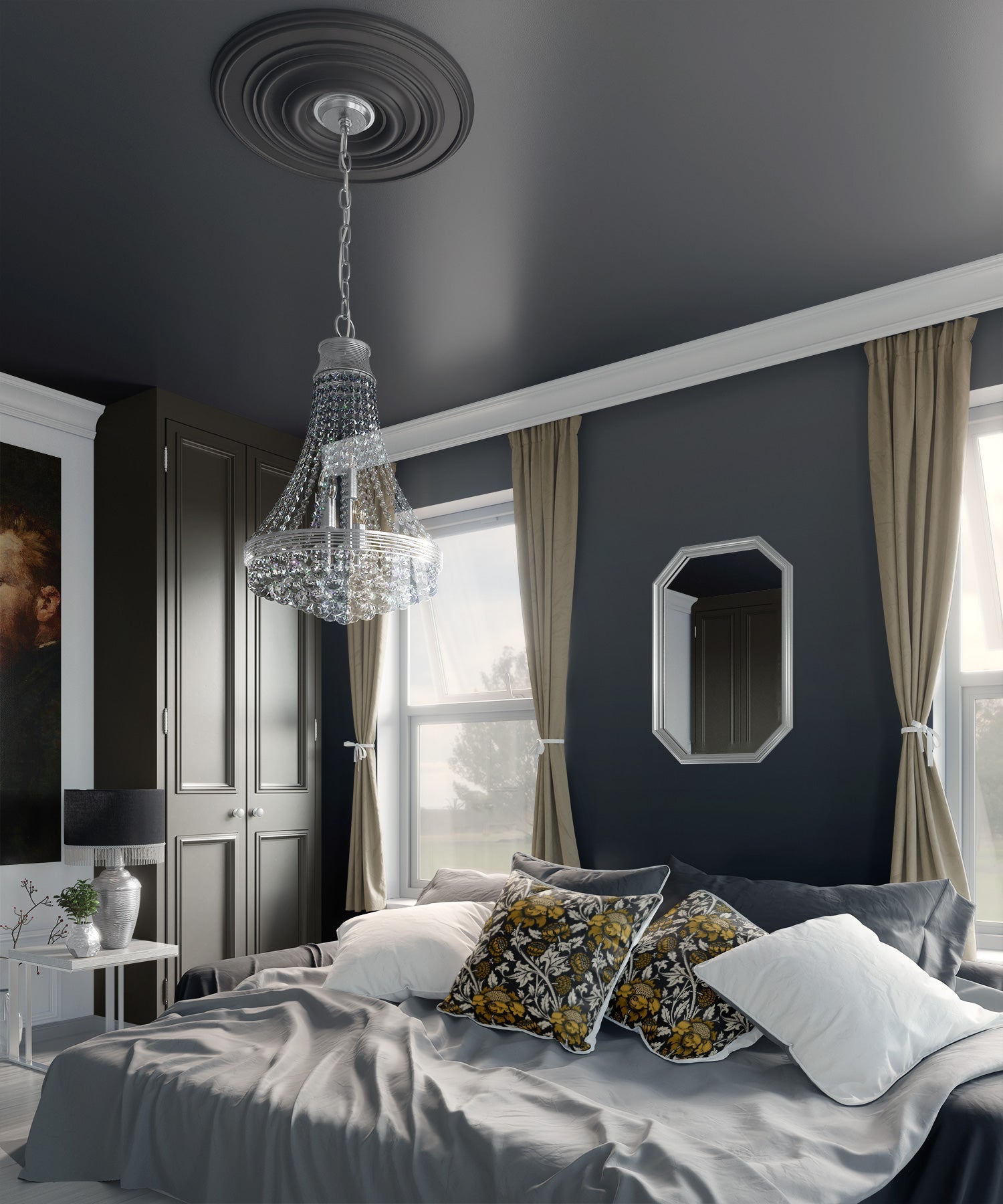Raven's Wing wallpaper in a luxurious bedroom