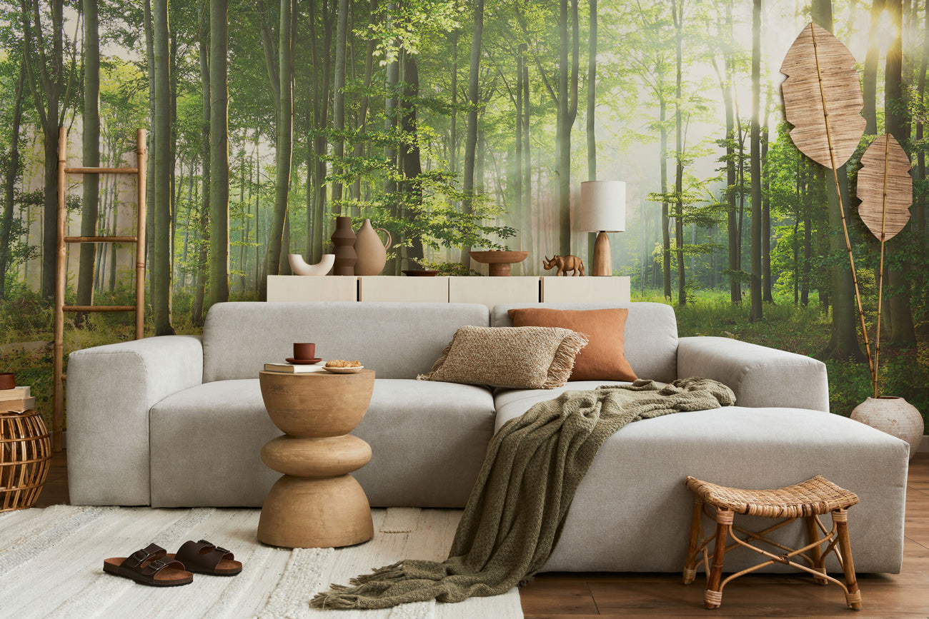 forest wallpaper mural in a living room
