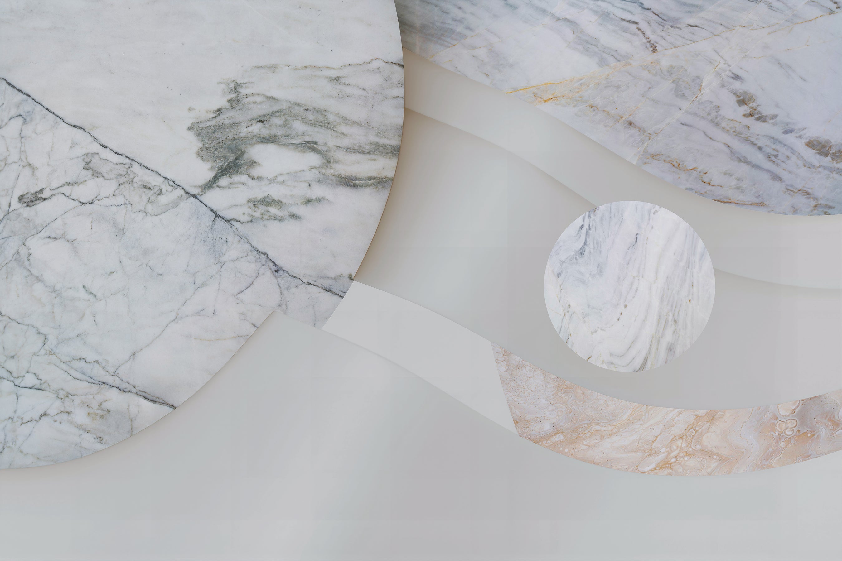 Close-up of Astra Veil / Marble, a marble-patterned paper with a circular cutout on a marble surface.