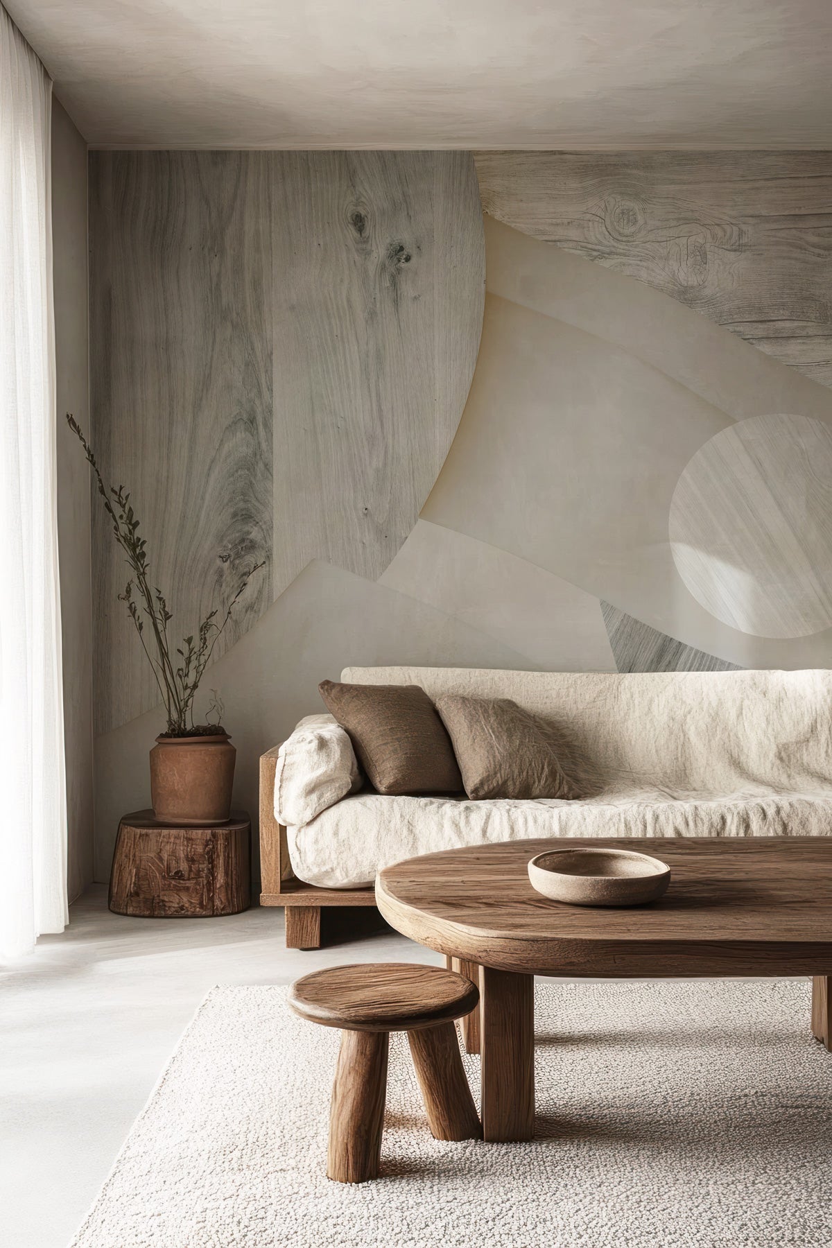 Astra Veil / Wood Wall Mural in a modern living room with a white sofa, wooden coffee table.